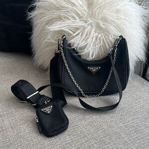 Nylon Shoulder Bag with Silver Chain